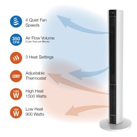 Lasko 42" 1500W All Season Tower Fan & Space Heater with Timer and Remote, White, FH500