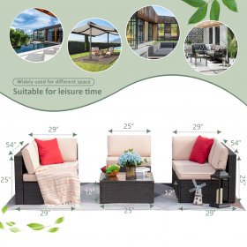 Devoko Patio Furniture Sets 6 Pieces Outdoor Sectional Rattan Sofa Manual Weaving Wicker Patio Conversation Set with Glass Table and Cushion, Beige