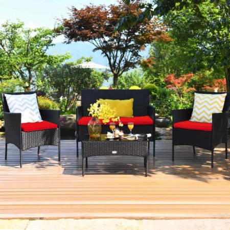 Costway 4PCS Rattan Patio Furniture Set Cushioned Sofa Chair Coffee Table Red