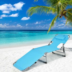 Goplus Outdoor Beach Lounge Chair Folding Chaise Lounge with Pillow Turquoise