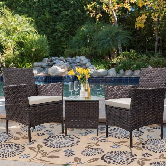 Lacoo 3 Pieces Outdoor Patio Furniture PE Rattan Wicker Table and Chairs Set Bar Set with Cushioned Tempered Glass, Brown/Beige