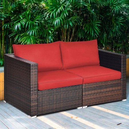 Costway 4PCS Patio Rattan Corner Sofa Sectional Furniture Set Red Cushion