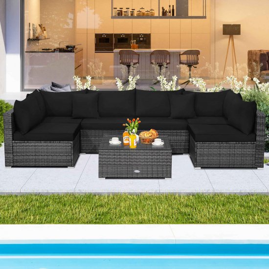 Costway 7PCS Patio Rattan Furniture Set Sectional Sofa Cushioned Garden Black