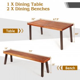 Costway 3 Pieces Picnic Table Set Acacia Wood Table Bench with Steel Legs Outdoor Patio