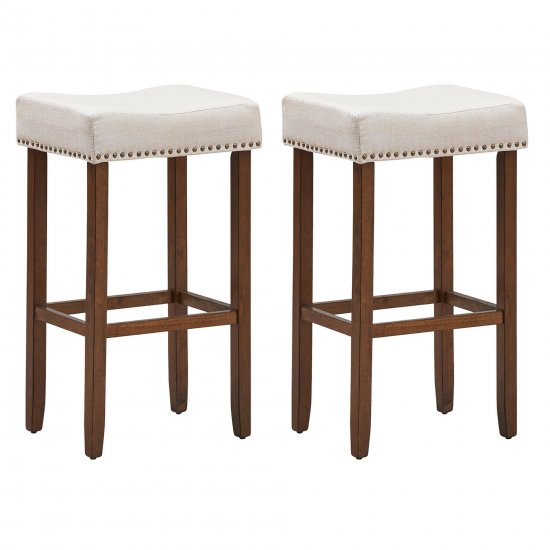 Costway Set of 2 Nailhead Saddle Bar linen Stools 29.5 Height W/ Fabric Seat & Wood Legs Gray Beige