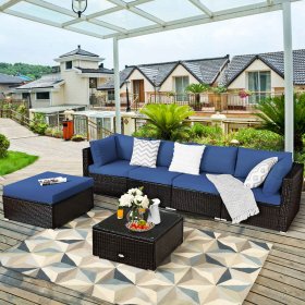 6PCS Outdoor Patio Rattan Furniture Set Cushioned Sectional Sofa Red