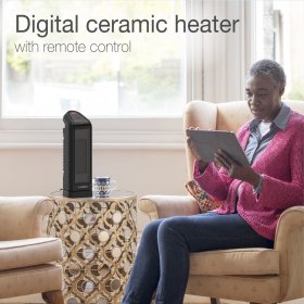 Lasko 15.75" 1500W Oscillating Digital Ceramic Tower Space Heater, Remote, Black, CT16670