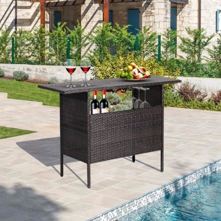 Costway Patio Rattan Wicker Bar Height Counter Table Storage Shelf Rail Garden