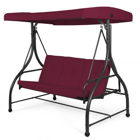 Costway Converting Outdoor Swing Canopy Hammock 3 Seats Patio Deck Furniture Wine Red