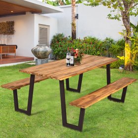 Costway Picnic Table with 2 Benches 70 Dining Table Set with Seats and Umbrella Hole
