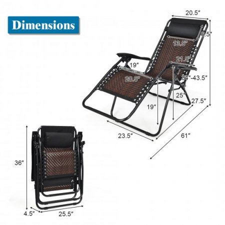 Costway 2PCS Patio Rattan Zero Gravity Lounge Chair Folding Recliner Headrest Brown