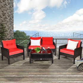 Costway 4PCS Patio Rattan Furniture Set Loveseat Sofa Coffee Table Garden W/Red Cushion