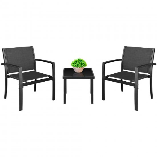 Devoko 3 Pieces Patio Furniture Set Textilene Bistro Set Outdoor Patio Conversation Set Modern Porch Furniture Lawn Chairs with Coffee Table, Black