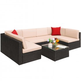 LACOO 7 Pieces Patio Conversation Set Outdoor Sectional Sofa Set PE Rattan Sectional Seating Group with Cushions and Table Beige
