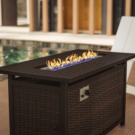 Flash Furniture Olympia 45" x 25" Outdoor Propane Gas 50,000 BTU Fire Pit Table with Stainless Steel Tabletop, Lid, Glass Beads, Wicker Base-Espresso/Black