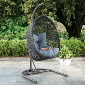 Better Homes & Gardens Lantis Patio Wicker Hanging Egg Chair with Stand Grey Wicker, Blue Cushion