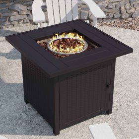 Flash Furniture Olympia 28" Square 50,000 BTU Outdoor Propane Gas Fire Pit Table with Stainless Steel Tabletop, Lid, Lava Rocks, and Steel Wicker Detail Base Black