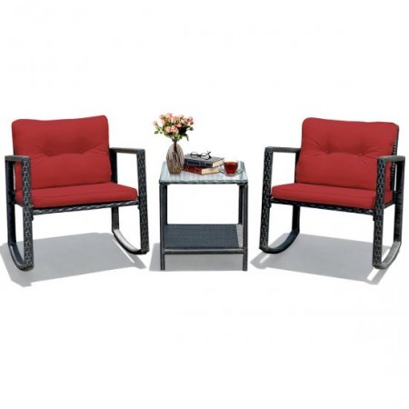 Costway 3PCS Patio Rattan Furniture Set Rocking Chairs Cushioned Sofa Coffee Table Outside