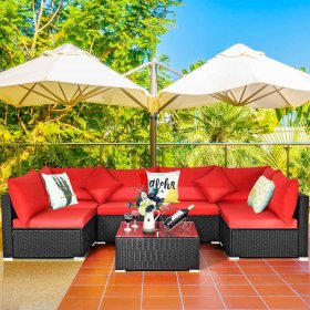 Costway 7PCS Patio Wicker Sofa Set Sectional Conversation Furniture Set Garden Red