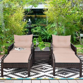 Costway 5 PCS Rattan Wicker Furniture Set Sofa Ottoman W/Brown Cushion Patio Garden Yard