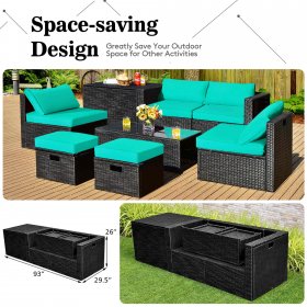 Costway 8PCS Patio Rattan Furniture Set Storage Table Ottoman Turquoise cover