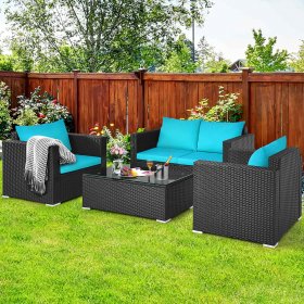 Costway 4PCS Patio Rattan Cushioned Sofa Chair Coffee Table Turquoise