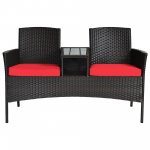 Costway Patio Rattan Loveseat Sofa Cushioned Coffee Table Red