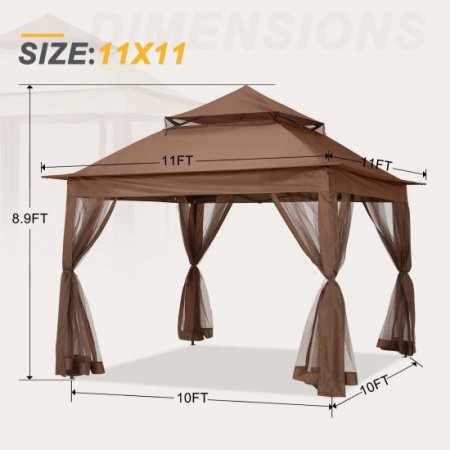 ABCCANOPY 11'x11' Gazebo Tent Outdoor Pop up Gazebo Canopy Shelter with Mosquito Netting, Brown