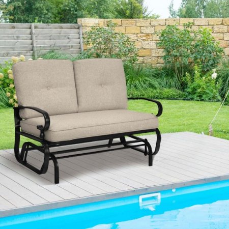 Costway 2-Person Outdoor Swing Glider Chair Bench Loveseat Cushioned Sofa Beige