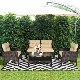 Costway 4PCS Patio Rattan Furniture Set Loveseat Sofa Coffee Table Garden W/ Cushion