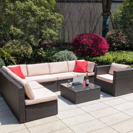 Lacoo 8 Pc Outdoor Patio Indoor Sectional Set, Brown Wicker with Table, Beige