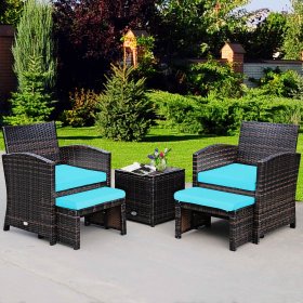 Costway 5PCS Patio Rattan Wicker Furniture Set Sofa Ottoman Cushion Turquoise