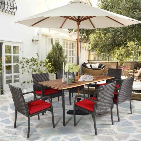 Costway 7PCS Patio Rattan Dining Chair Table Set W/ Cushion Umbrella Hole Red