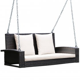 Costway 2-Person Patio Rattan Hanging Porch Swing Bench Chair Cushion Beige