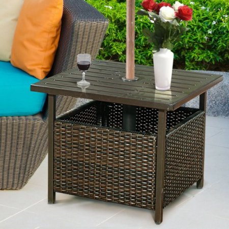 Costway Brown Rattan Wicker Steel Side Table Outdoor Furniture Deck Garden Patio Pool