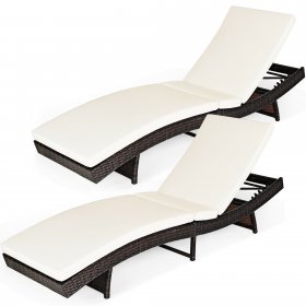 Costway 2PCS Patio Rattan Folding Lounge Chair Chaise Adjustable White Cushion
