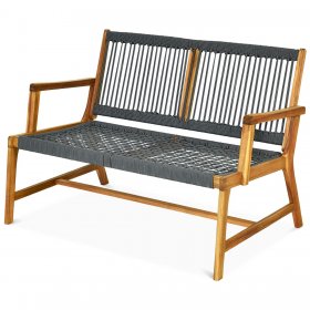 Costway 2-Person Patio Acacia Wood Bench Loveseat Chair Porch Garden Furniture Grey