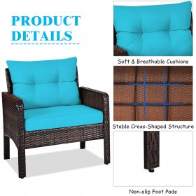 Costway 3PCS Outdoor Rattan Conversation Set Patio Garden Cushioned Sofa Chair Turquoise