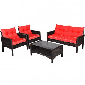 Costway 4PCS Patio Rattan Furniture Set Loveseat Sofa Coffee Table Garden W/Red Cushion