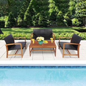 Costway 4PCS Outdoor Patio Rattan Furniture Set Acacia Wood Frame Sofa Loveseat Garden