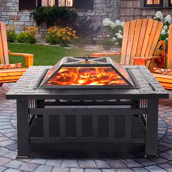 Fire Pits for Outside, 32\" Wood Burning Fire Pit Tables with Screen Lid, Poker, BBQ Net, Ice Tray, Food Clip and Cover, Backyard Patio Garden Outdoor Fire Pit/Ice Pit/BBQ Fire Pit, Black