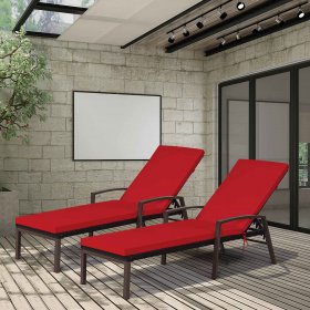 Costway 2PCS Patio Rattan Lounge Chair Chaise Recliner Back Adjustable Cushioned Red
