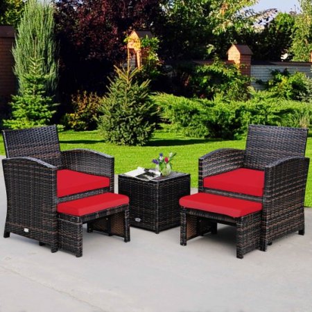 Costway 5PCS Patio Rattan Wicker Furniture Set Sofa Ottoman W/ Cushions Red