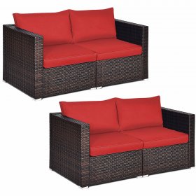 Costway 4PCS Patio Rattan Corner Sofa Sectional Furniture Set Red Cushion