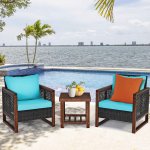 Costway 3PCS Patio Wicker Furniture Set Solid Wood Frame Cushion Sofa w/ Square Table Shelf Turquoise