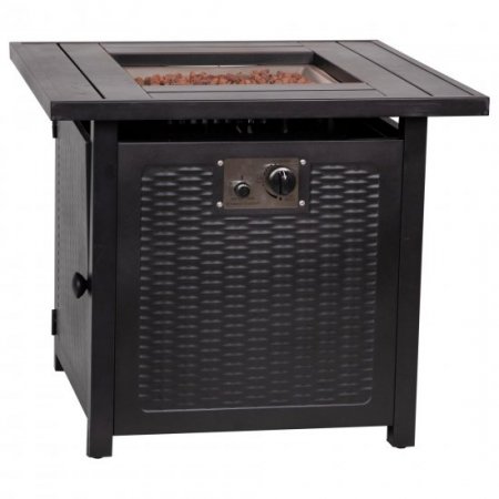 Flash Furniture Olympia 28" Square 50,000 BTU Outdoor Propane Gas Fire Pit Table with Stainless Steel Tabletop, Lid, Lava Rocks, and Steel Wicker Detail Base Black