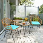 Costway 3PCS Patio Rattan Bistro Furniture Set Cushioned Chair Table Turquoise