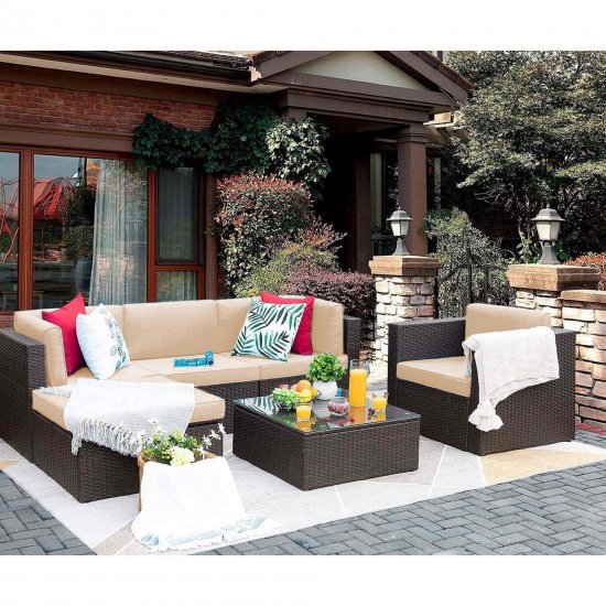 Devoko 6 Pieces Outdoor Furniture Set Potia Sectional Sofa Rattan Wicker Set with Glass Table, Beige