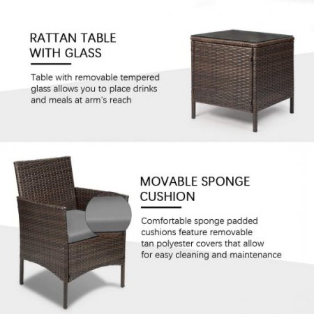 Lacoo 3 Pieces Outdoor Patio Furniture PE Rattan Wicker Table and Chairs Set Bar Set with Cushioned Tempered Glass (Gray)