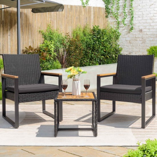 Devoko 3 Pieces Patio Conversation Set Outdoor Rattan Chair Set of 2 with Wood Coffee Table, Black